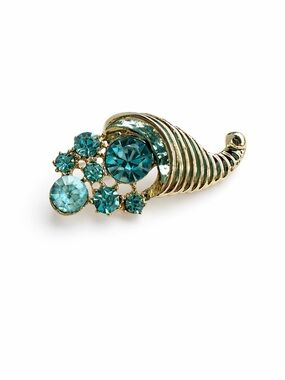 Vintage Blue Rhinestone Cornucopia Brooch Gold Tone 1960s